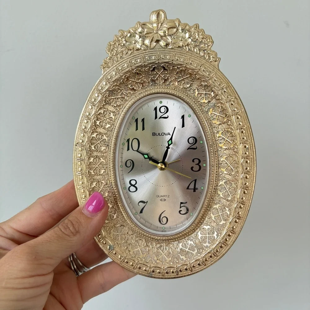 Bulova Quartz Alarm Clock Gold Tone Ornate Filigree Oval Table Desk 4RE708